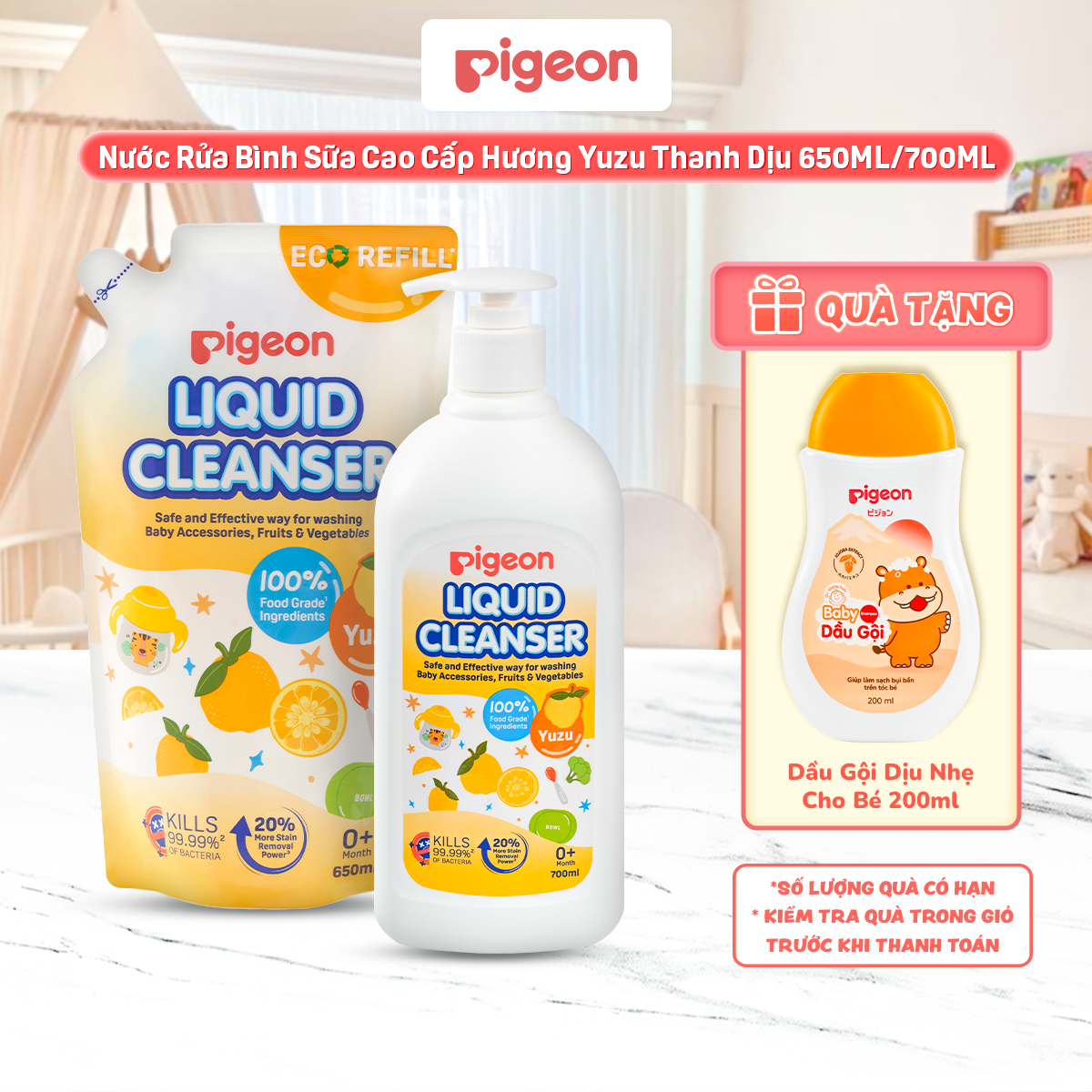 Nước Rửa Bình Sữa Pigeon Hương Yuzu 100% Thành Phần Thực Phẩm, Diệt 99.99% Vi Khuẩn