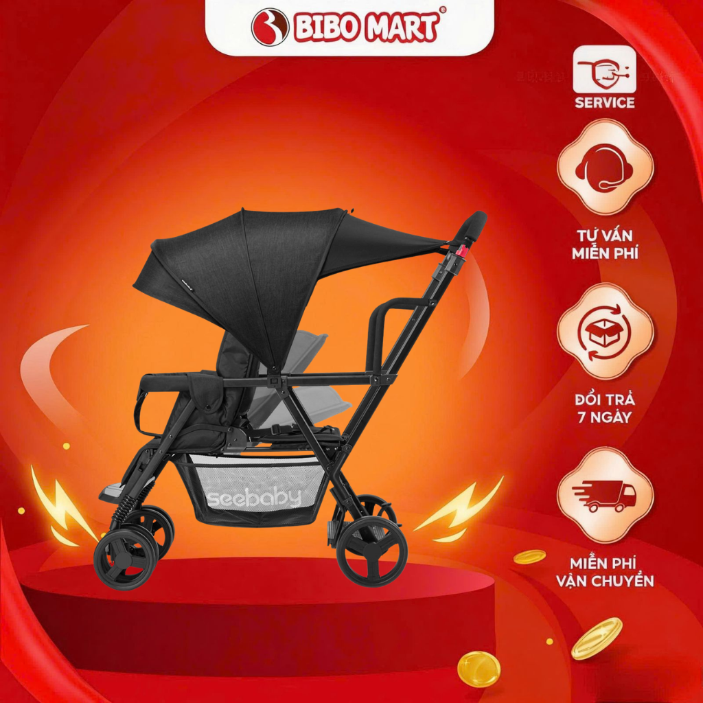 Xe Đẩy Đôi Cho Bé Seebaby T12 Gấp Gọn 3 Tư Thế Thiết Kế Nâng Cấp Tránh Mưa Tiện Lợi - Nimo