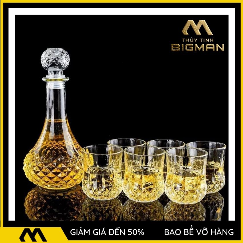 Chai đựng rượu kiểu và ly rượu, Chai thủy tinh đựng rượu dung tích 800ml và 6 ly rượu kim cương 200ml sang trọng để tặng đối tác và chưng phòng khách M17.6LR04- BIGMANSTORE