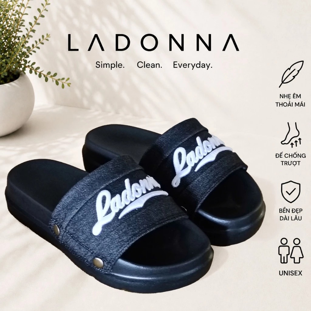 Dép Ladonna's Nam Nữ Denim Unisex chữ thêu đính nút-(Slipper) Dép Ladonna's vải jean đế bằng nam nữ