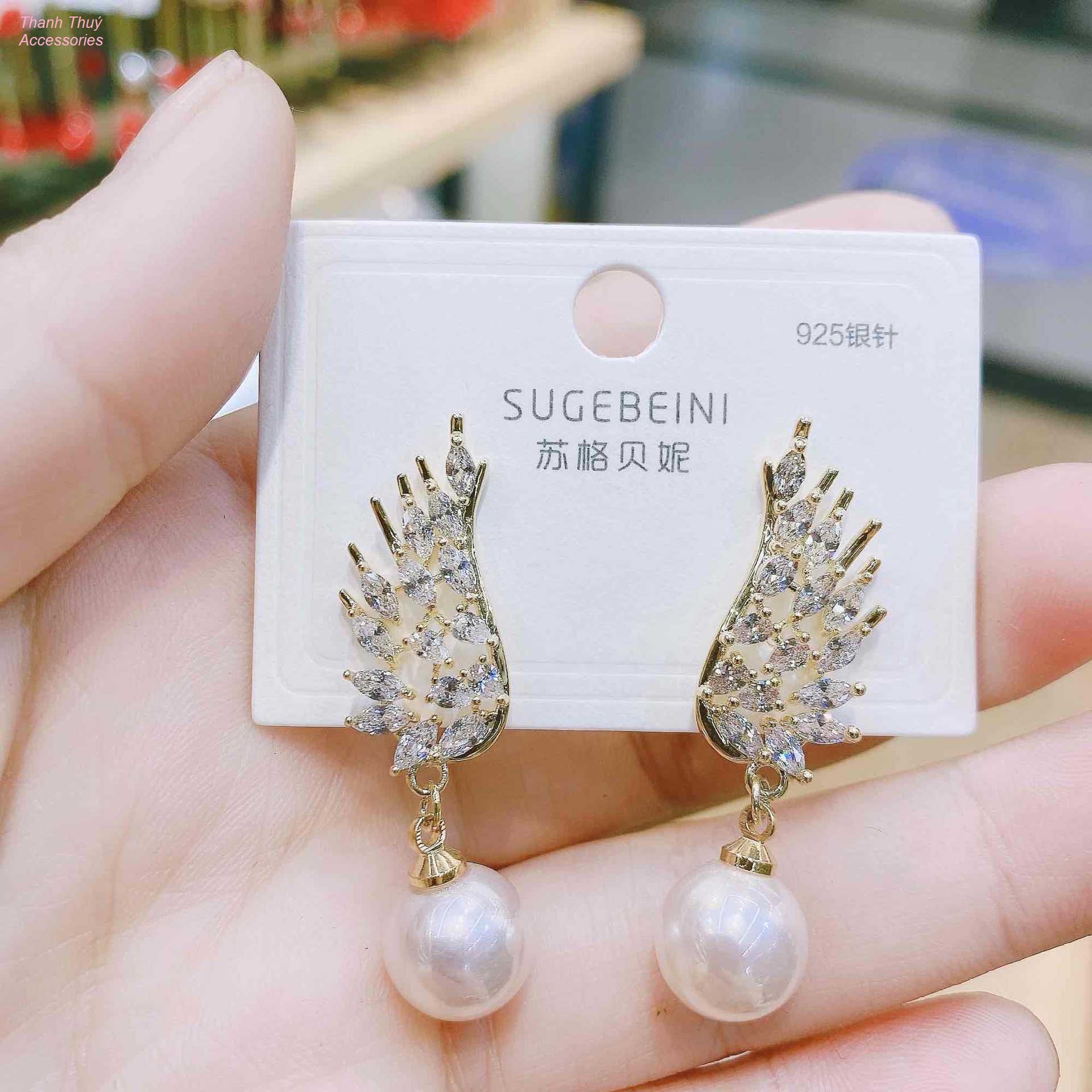 Bông tai nữ ngọc trai cánh thiên thần đính đá zircon mạ vàng thật