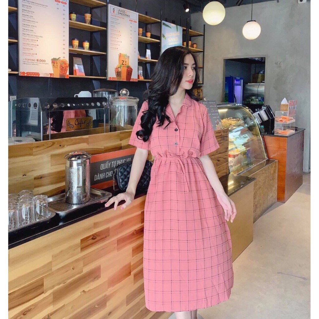 Dx118 - đầm xòe dáng dài nhún eo caro hồng