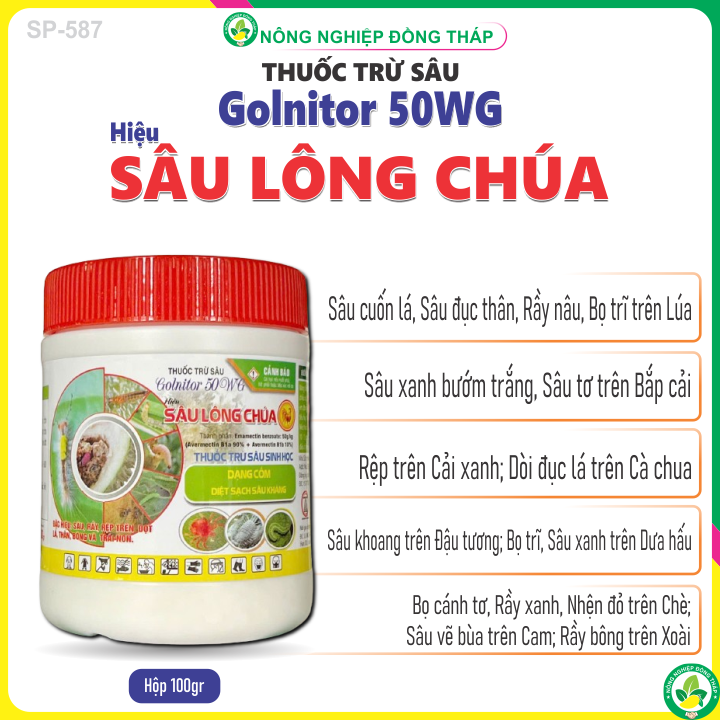 Thuốc Trừ Sâu Sinh Học Golnitor 50WG Hiệu SÂU LÔNG CHÚA – Đặc Hiệu: Sâu Rầy Rệp Trên Đọt Lá Thân Bông và Trái Non  Hộp 100gr  