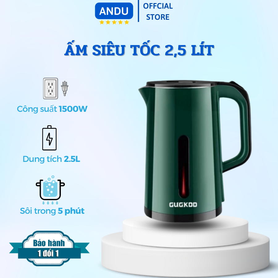 Ấm Siêu Tốc GUGKOO - Dung Tích 2,5L - Công Suất 1500W - Tiết Kiệm Điện - Vỏ 2 Lớp Chống Nóng Cực Tốt.