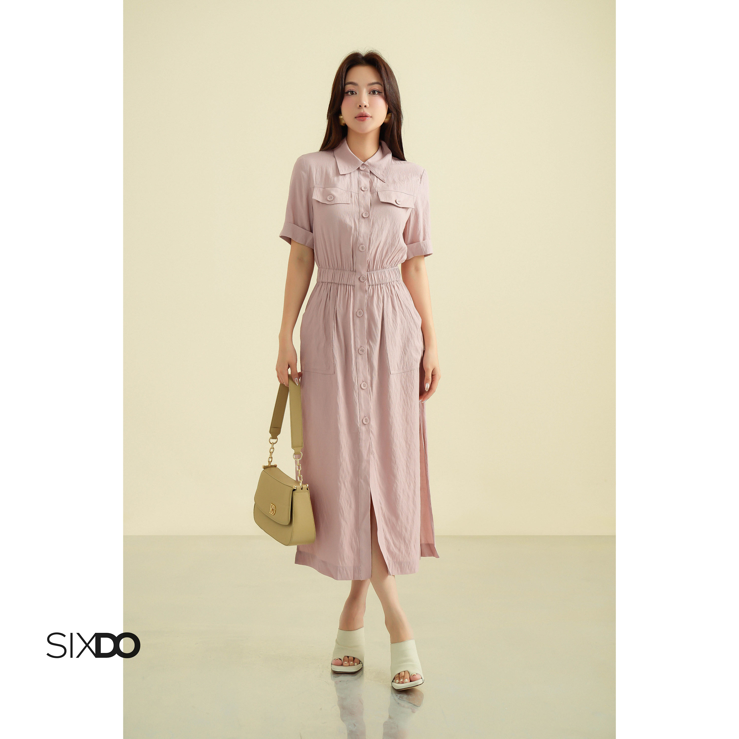 Đầm sơ mi hồng nhạt ngắn tay chun eo SIXDO (G-Light Murrey Woven Loose Dress)