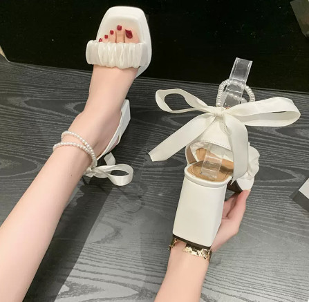 Giày sandal cao gót mã VNKS86 cột dây đính ngọc trai giả chống trượt thời trang