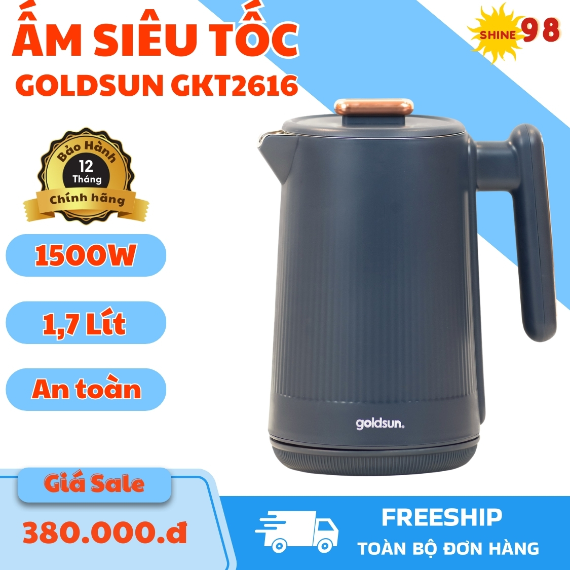 Ấm siêu tốc Goldsun GKT2616 1.7L, 1500W, Inox 201, Có nắp và tay cầm chịu nhiệt, Tự ngắt khi sôi, Trắng/Đen