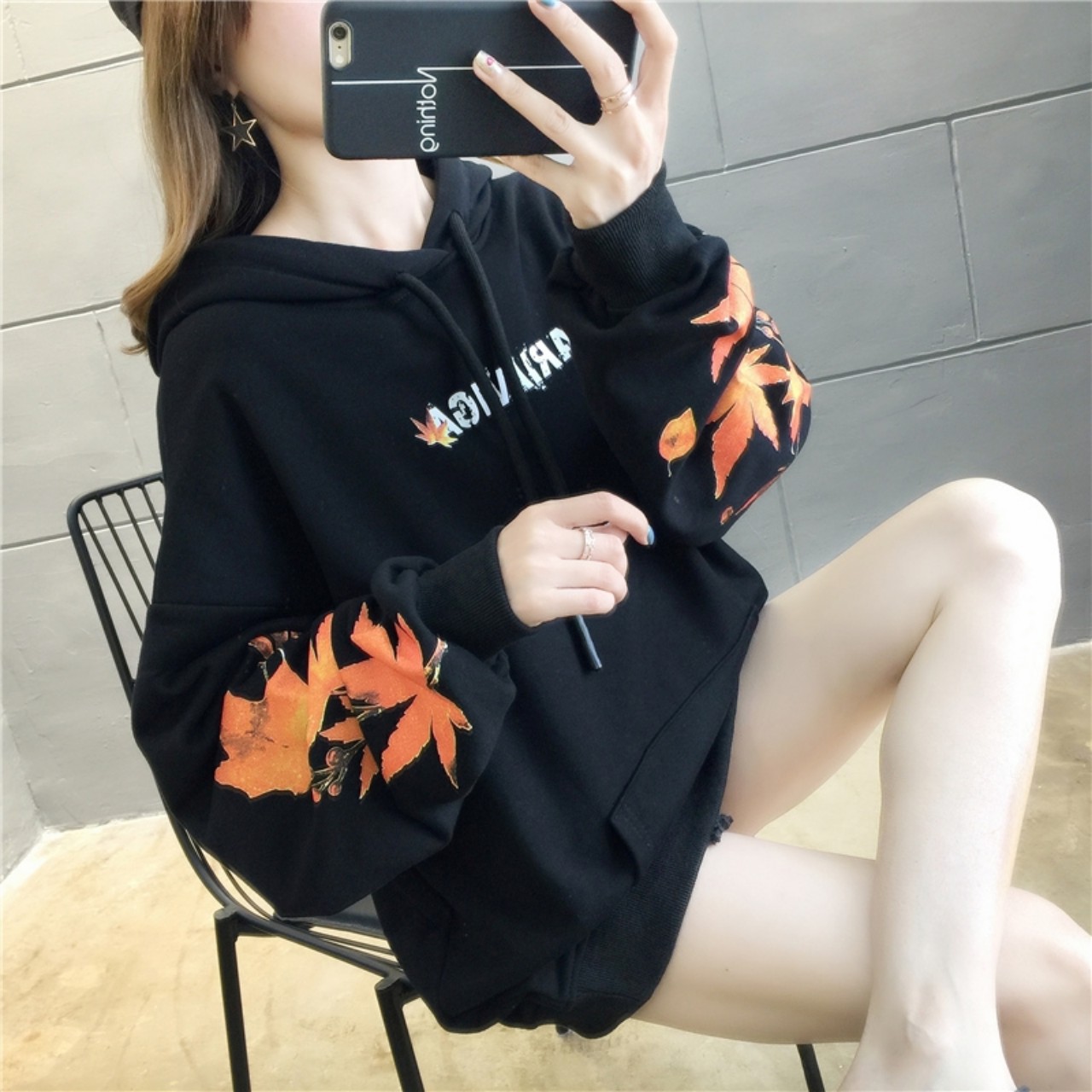 Ao khoc hoodie nữ cao cap - chat lieu nỉ ngoai - thiet kế hoa tiet 3d lá phong