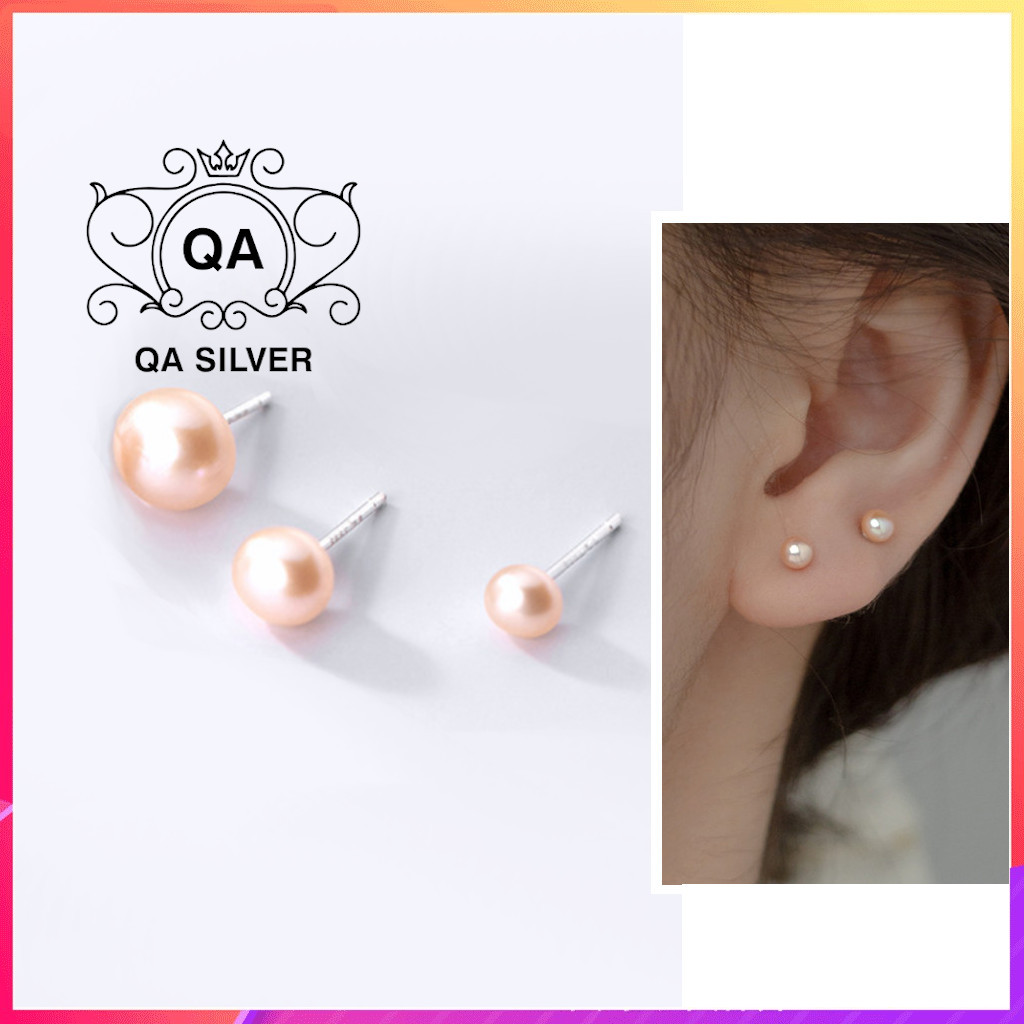 Bông tai bạc 925 ngọc trai nhân tạo màu cam phấn khuyên nụ nữ trơn tối giản S925 PEARL QA SILVER Earrings EA221001