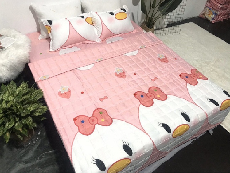 Set 3 món ga gối cotton poly mẫu vịt hồng