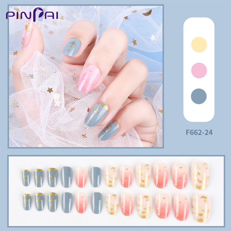 PINPAI Với Nhãn Dán 24 Cái / Hộp Được Thiết Kế Có Thể Đeo Dài mong tay giả đẹp tết Bấm Trên Móng Tay Giả Hình Bầu Dục Bìa Đầy Đủ Các Mẹo Làm Móng Nhân Tạo Có Thể Tháo Rời