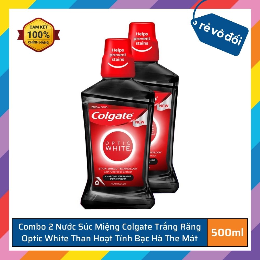 Combo 2 Nước súc miệng Colgate trắng răng Optic White than hoạt tính bạc hà the mát 500ml - Thái Lan