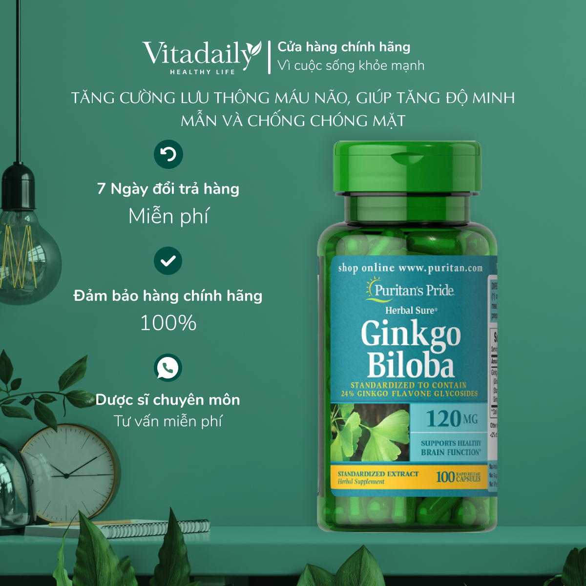 Viên Uống Hỗ Trợ Tuần Hoàn Não Bộ Puritans pride Ginkgo Biloba 120mg 200 Viên