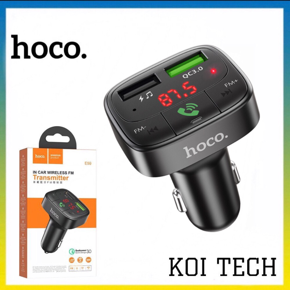 Tẩu sạc trên oto qc3.0 Hoco DF59 2 cổng sạc usb- cốc sạc kết nối bluetooth nghe nhạc FM hỗ trợ thẻ nhớ cho xe hơi ô tô - KOI TECH