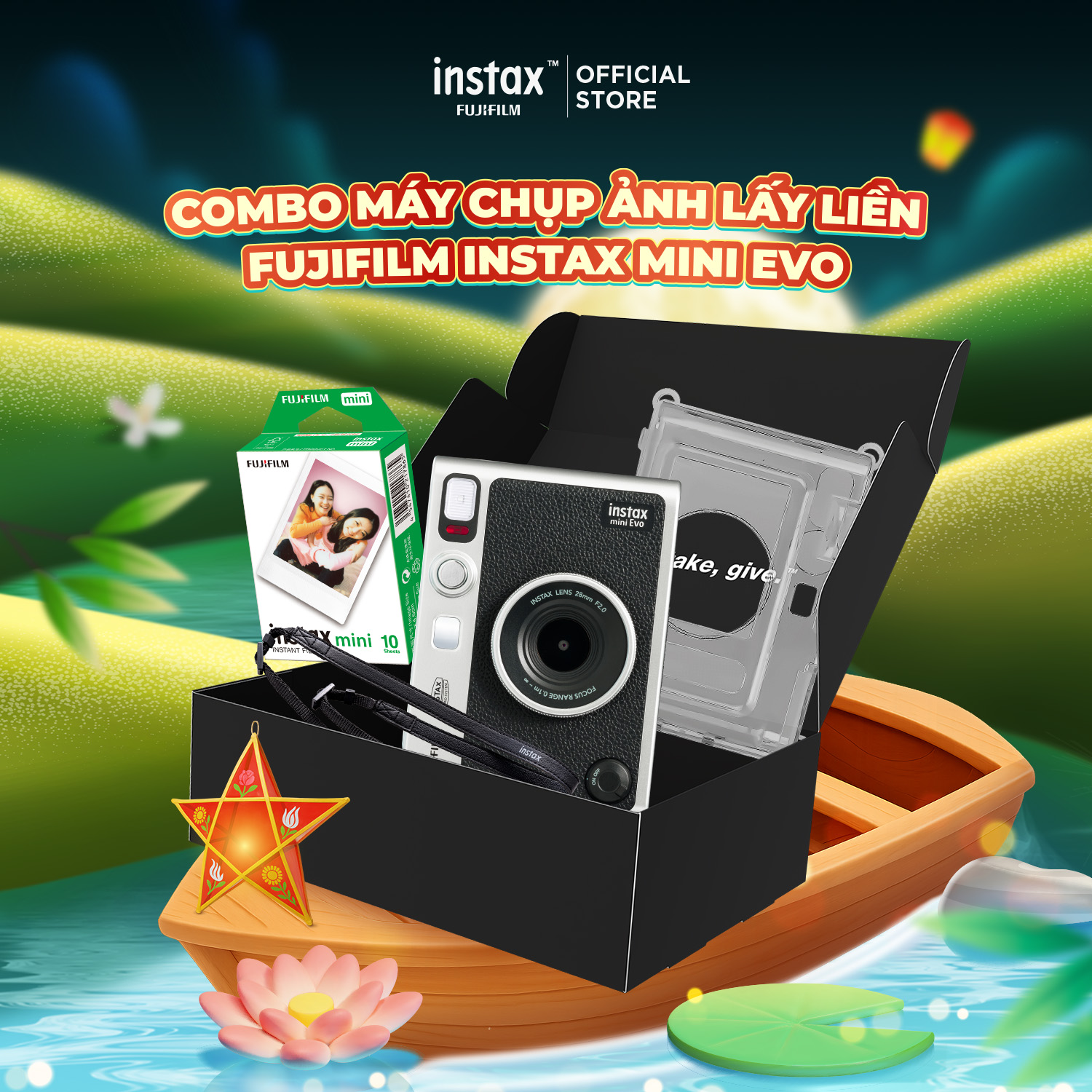 Combo Box Máy Chụp Ảnh Lấy Liền Fujifilm Instax Mini Evo Có Kèm Film - Bảo Hành 1 Năm