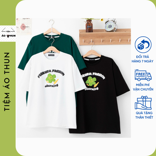 Áo thun cổ tròn unisex nam, nữ form rộng, tay lỡ in chữ Forever Freedom