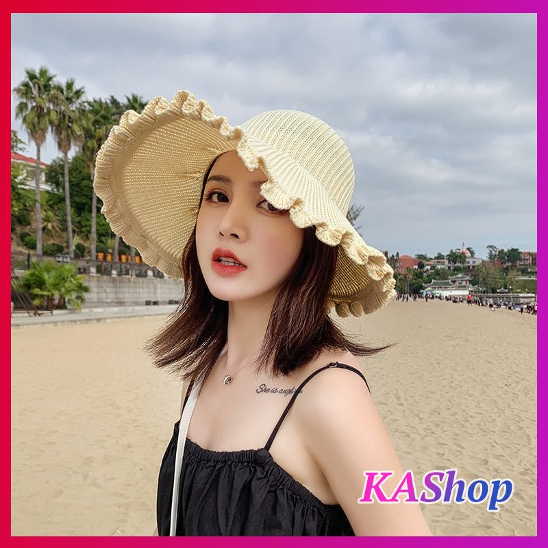 Nón đi biển vành rộng bèo nhún hở sau phối nơ gấp gọn - KAShop