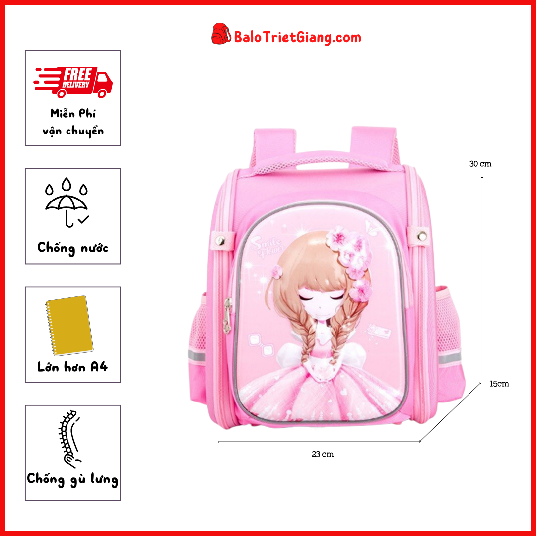 Balo Nữ Đi Học - Cho  Bé  Trai/ Gái Lớp 1 - Chống Gù  -  Chống Nước  - Hình Công Chúa - Nhiều Mẫu. Ba lô siêu nhẹ vải canvas chống nước