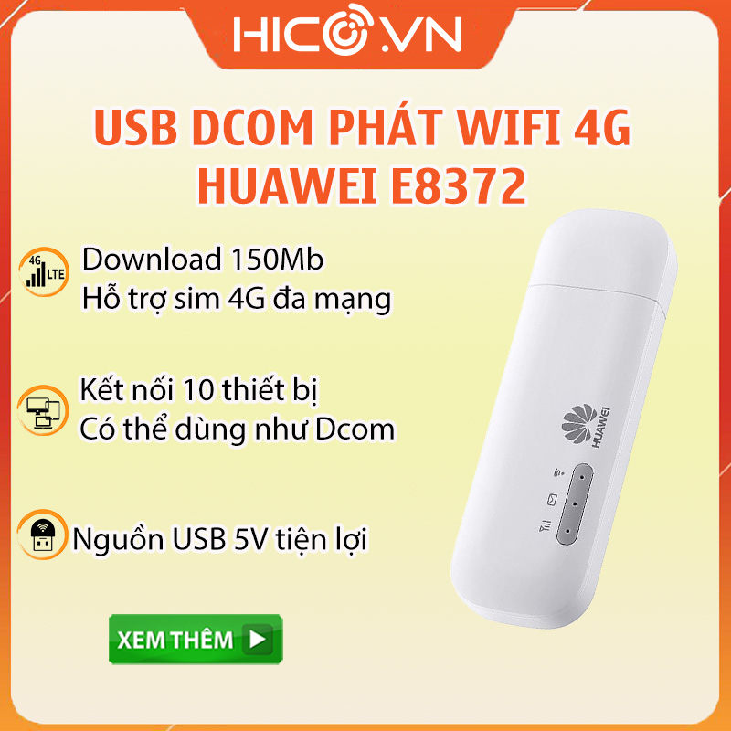 Huawei E8372 wifi 4G tốc độ 150 Mbs Chạy Đa Mạng, cắm liên tục sử dụng cho mọi loại ổ cắm hay đi du lịch cực nhỏ gọn và tiện lợi