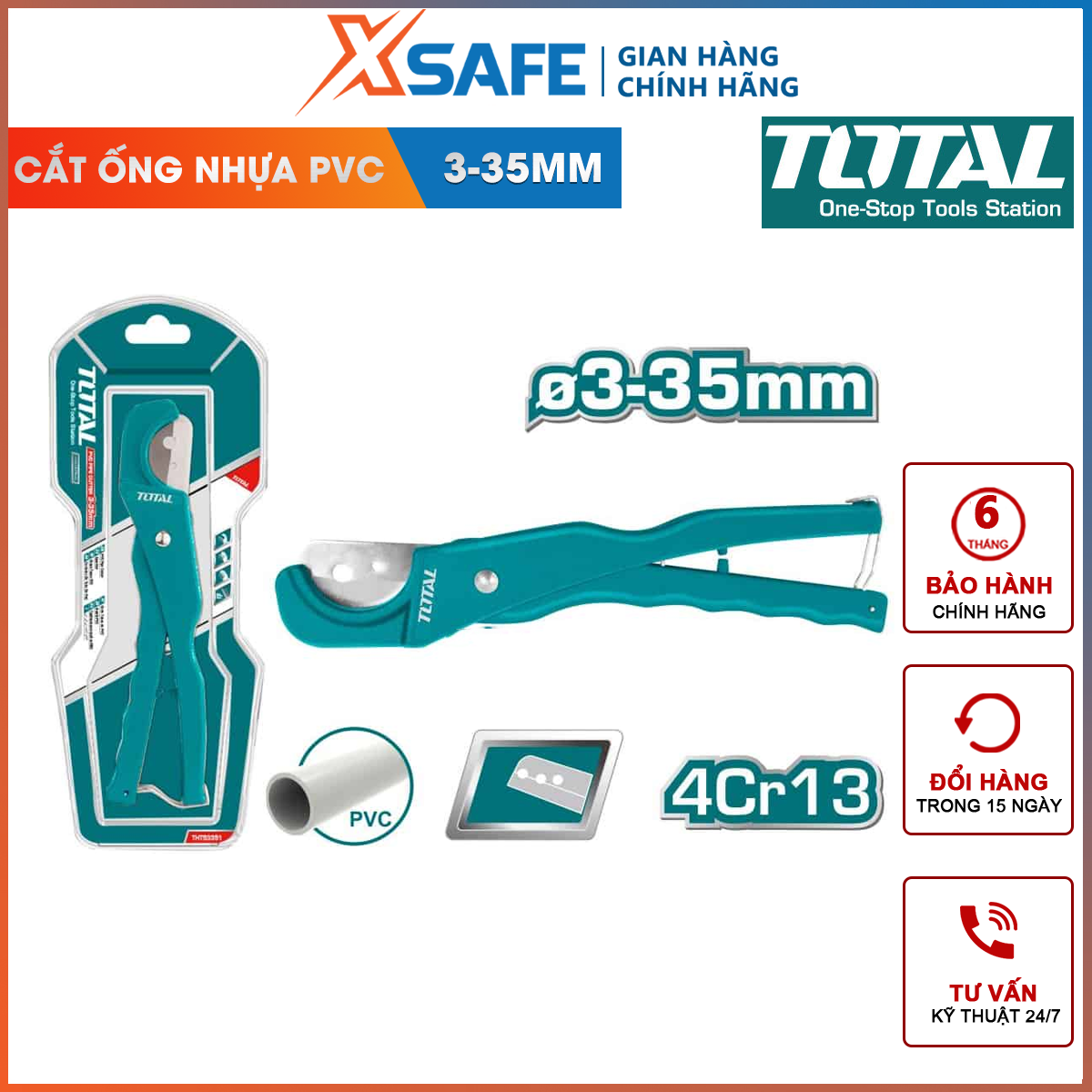 Dao cắt ống nhựa pvc total tht53351 | dụng cụ cắt ống nhựa pvc chiều dài: 210mm đường kính cắt: 3-35mm, dùng để cắt các loại ống nhựa