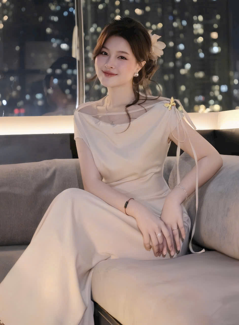  Đầm thời trang nữ thiết kế chanh sả chất lụa nhung trễ vai chiết eo váy dáng dài xòe nhẹ nhàng thiết kế 3 màu sang xịn 