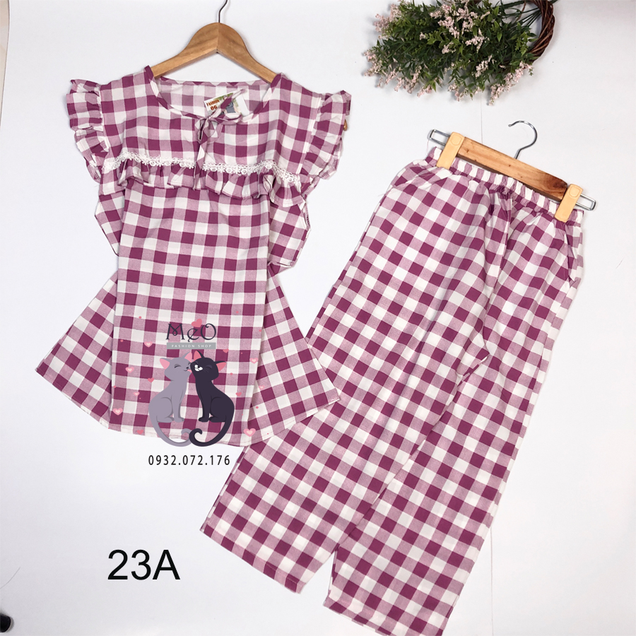 Bộ mặc nhà sọc vải lụa quần lững quần 9 tấc mèo shop 23A
