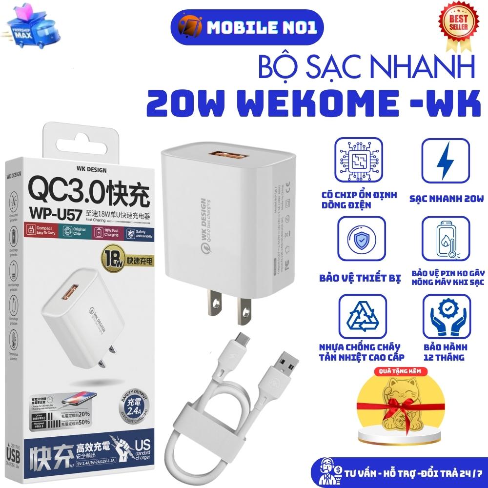 Sạc nhanh, Bộ củ+cáp sạc nhanh 20w dùng cho iphone, sams, sạc tốc độ cao Wekome QC3.0 WP ,mobileno1