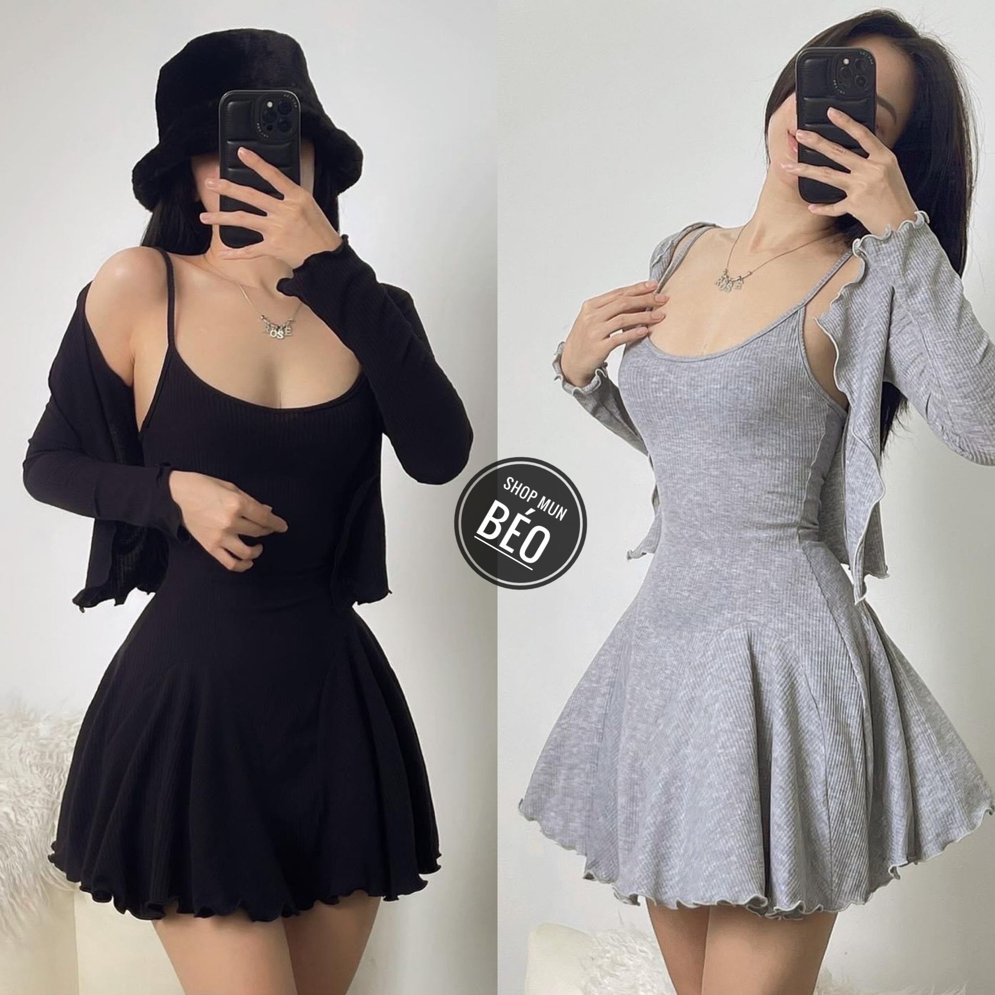 Đầm xoè 2 dây phom ngắn kèm áo khoác chất thun gân thích hợp mặc đi làm đi chơi phù hợp với mọi phong cách
