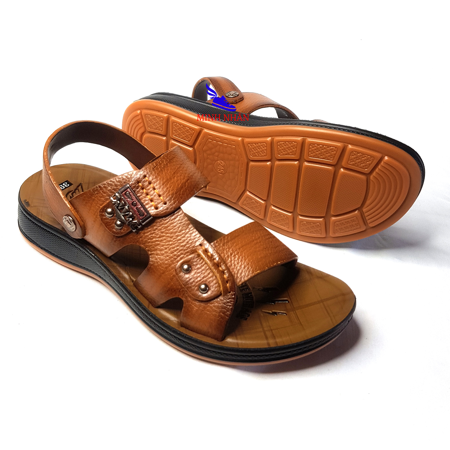 Dép da nam Q-4 tăng chiều cao 4cm Xăng đan Sandal nam da bò xịn quai ngang quai hậu cao cấp xuất khẩu thời trang đẹp giá rẻ màu nâu