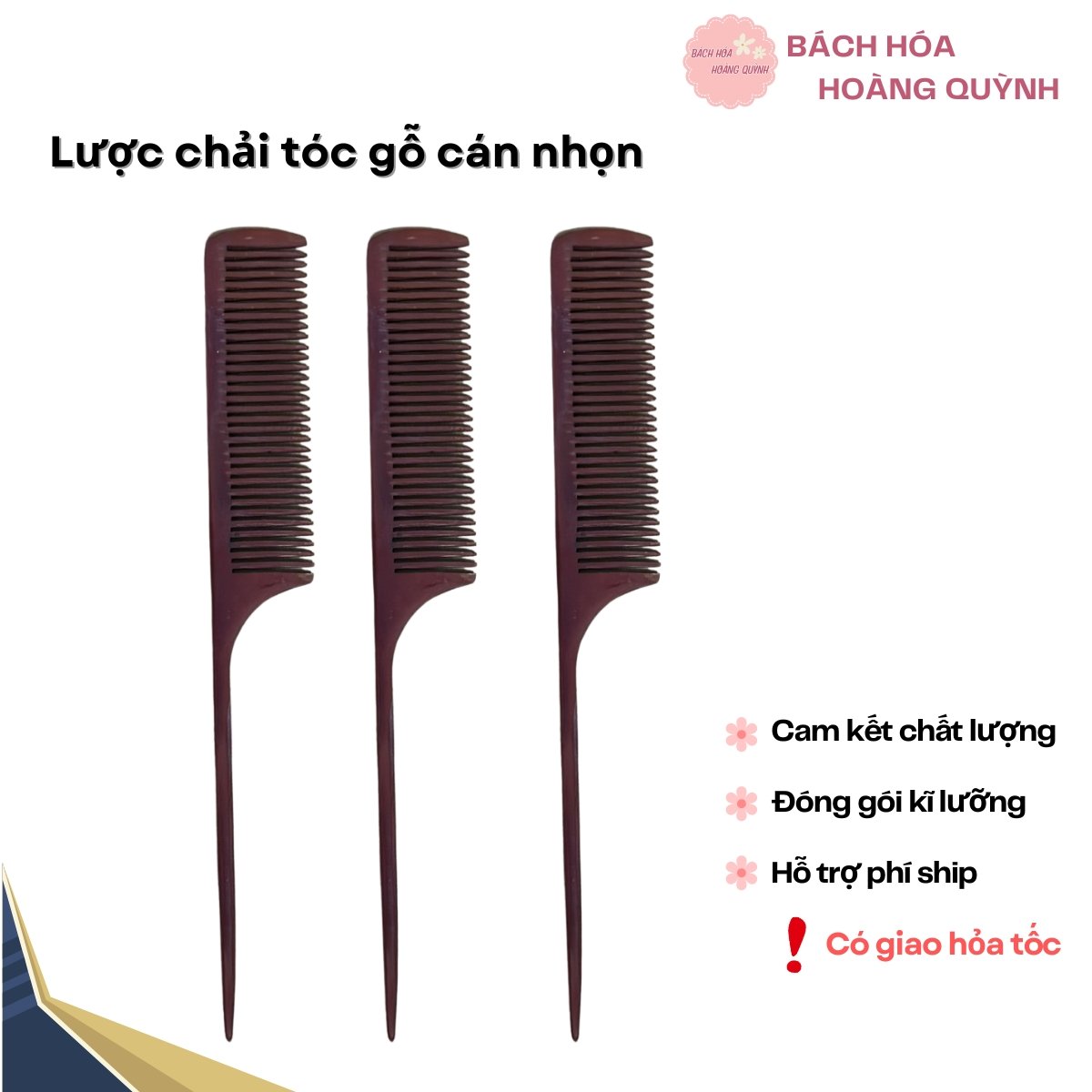 Lược gỗ chải tóc đuôi nhọn rẽ ngôi chia tóc màu nâu đậm.