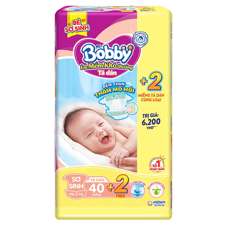 Tã Dán Bobby Sơ Sinh Siêu Thấm XS40 (40 Miếng) + 2 Miếng Tã Quần S