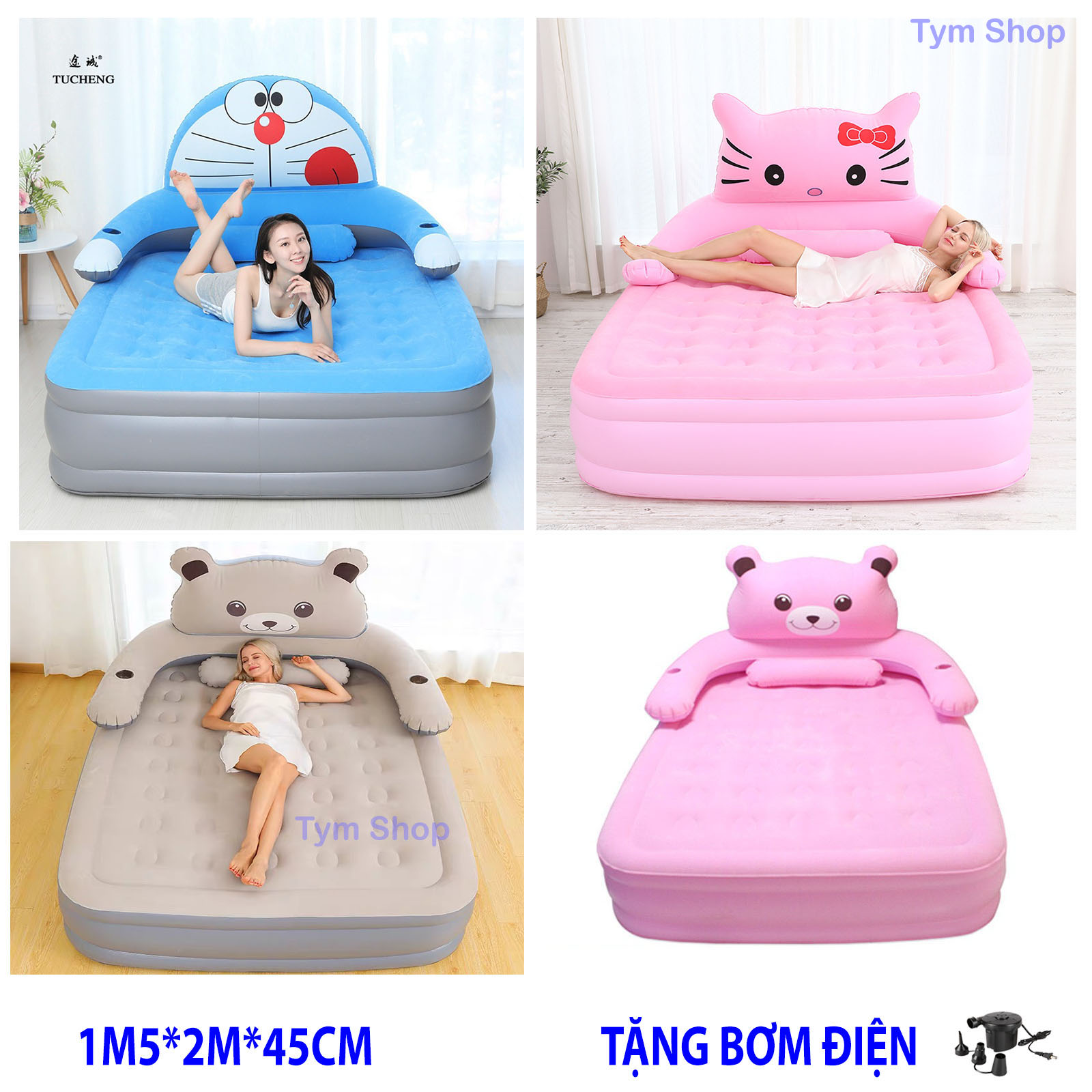 (TẶNG 5 PHỤ KIỆN) Giường hơi hình thú nệm hơi 3 tầng 2 người nằm cho trẻ em và người lớn ( Doremon, mèo kitty, gấu, vịt ))