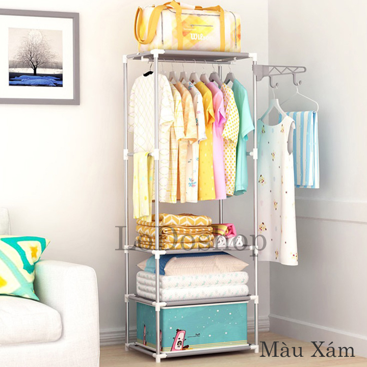 Kệ treo quần áo chữ H loại lắp ráp khung kim loại có móc - Giá treo quần áo đa năng - Kệ máng quần áo phòng ngủ - Kệ để giày dép túi xách balo