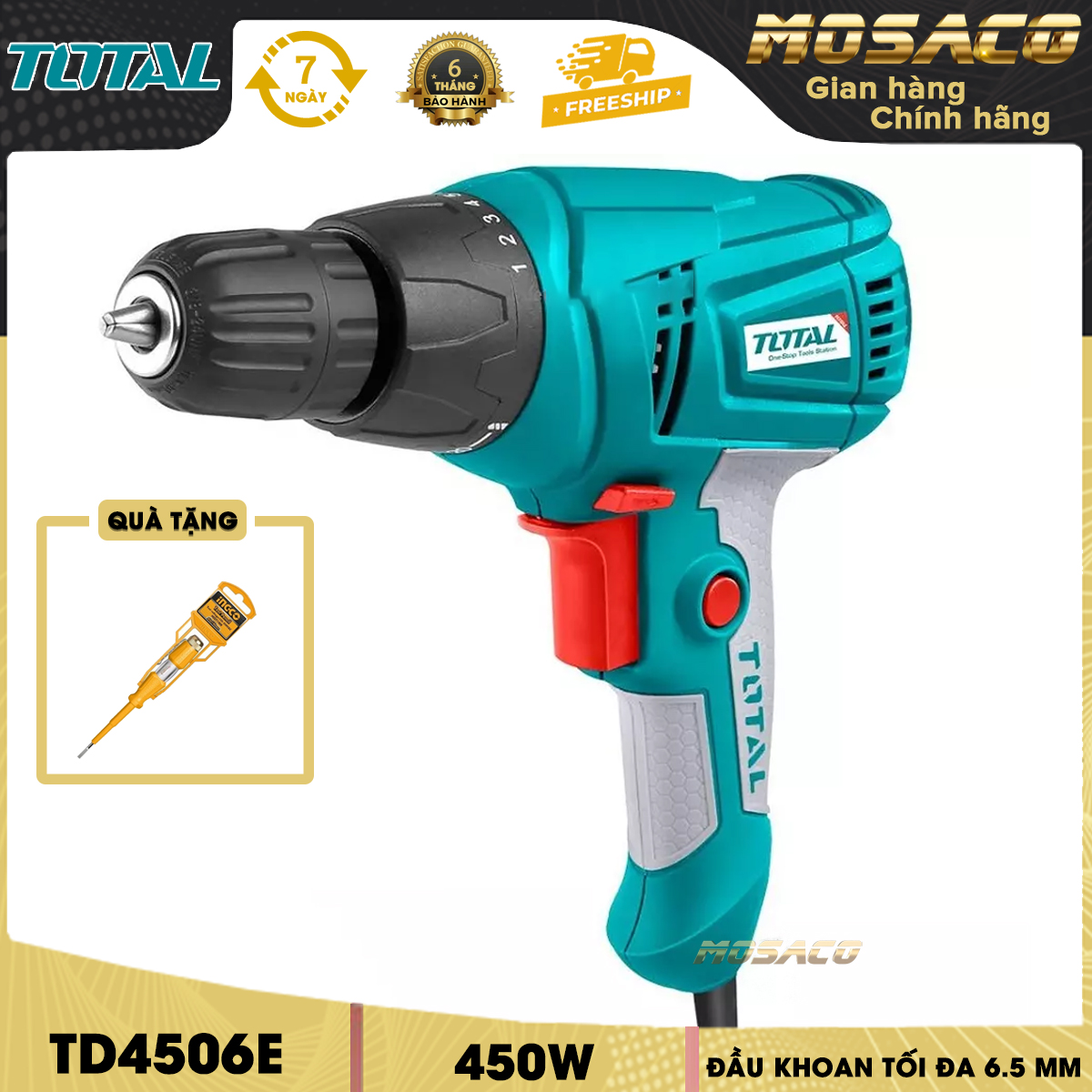 MÁY KHOAN ĐIỆN TOTAL TD4506E công suất 450W. Công nghệ tiên tiến của Đức độ bền cao, Máy khoan điện cầm tay tốc độ không tải từ 0 đến 3200 v/phút, khả năng khoan tối đa 6.5mm, bảo hành chính hãng 6 tháng - MOSACO