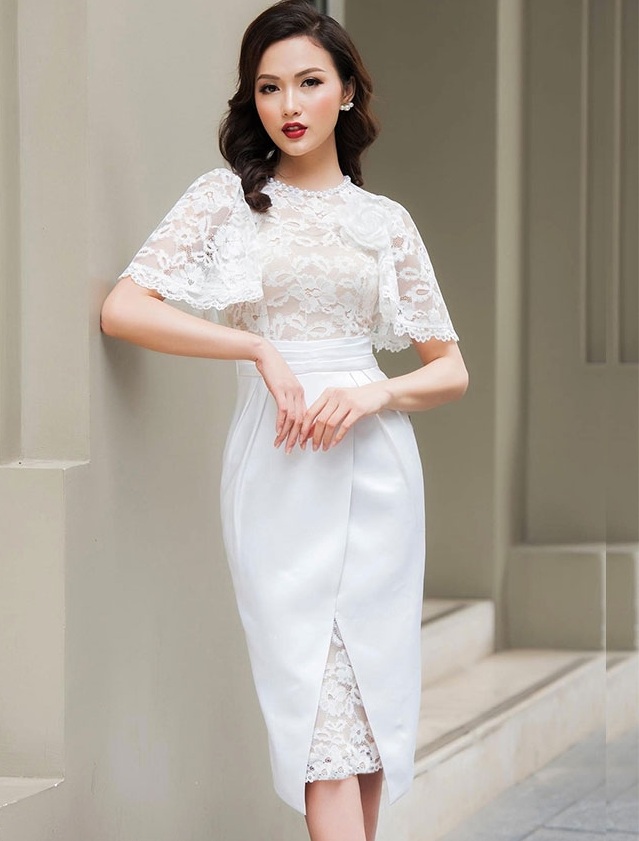 AV6513 - Đầm ôm body vạt đắp chéo tay cánh tiên phối ren sang trọng