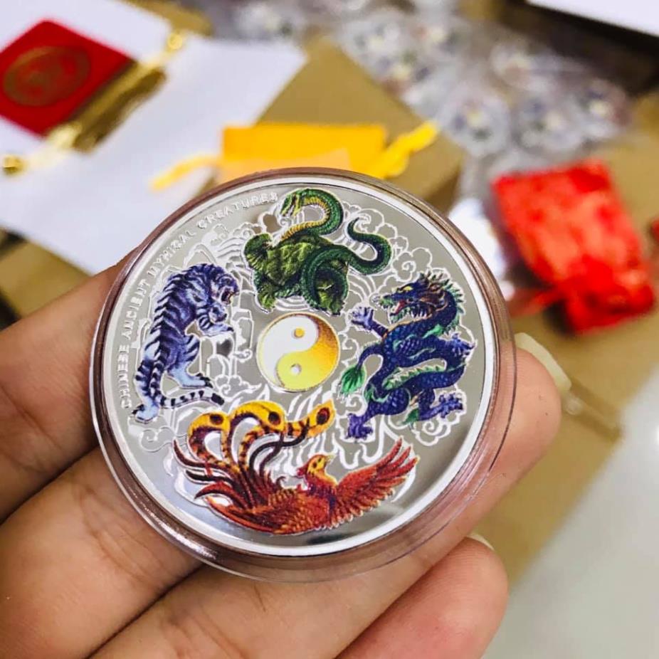 Đồng xu tứ linh long lân quy phụng - tặng kèm túi lộc đỏ may mắn