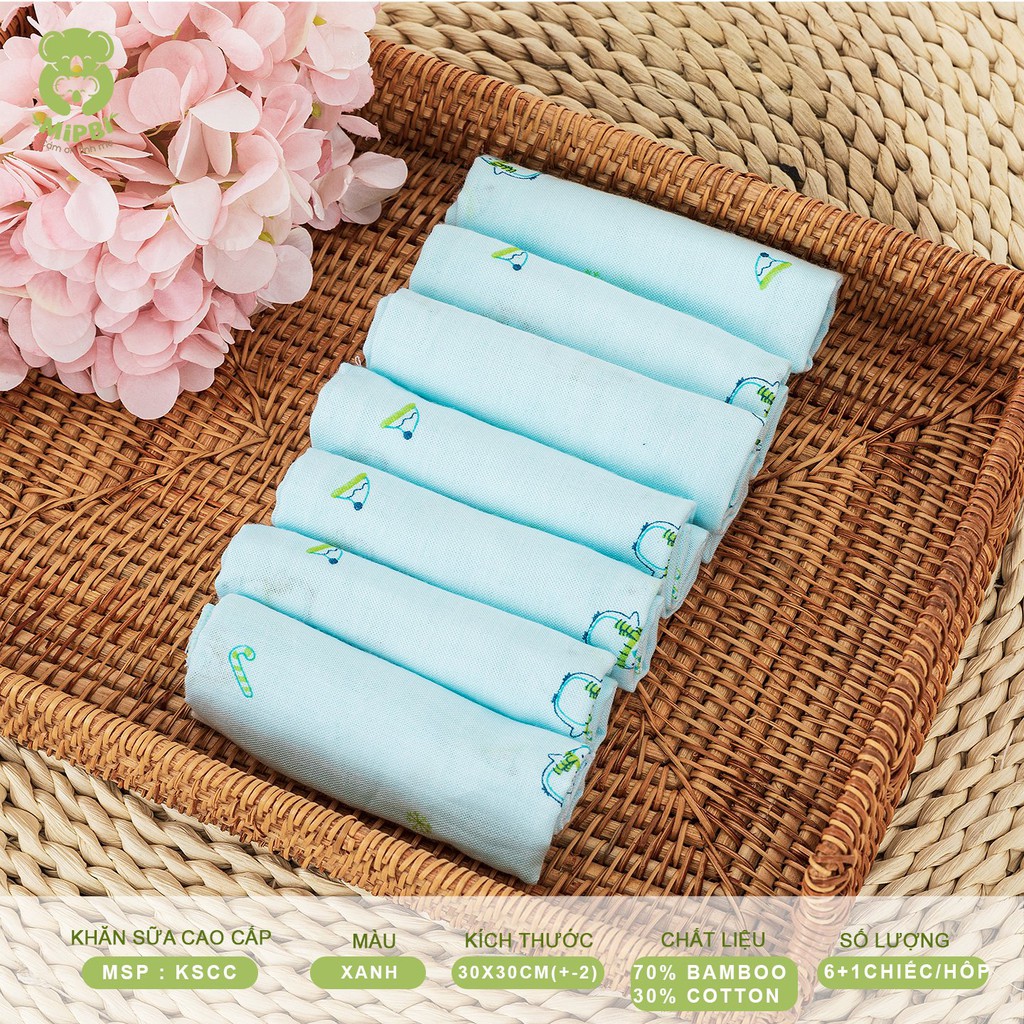Khăn sữa cao cấp Mipbi 2 lớp 70 sợi tre + 30 cotton mềm mại, kháng khuẩn KSCC (Hộp 6 tặng 1 chiếc)