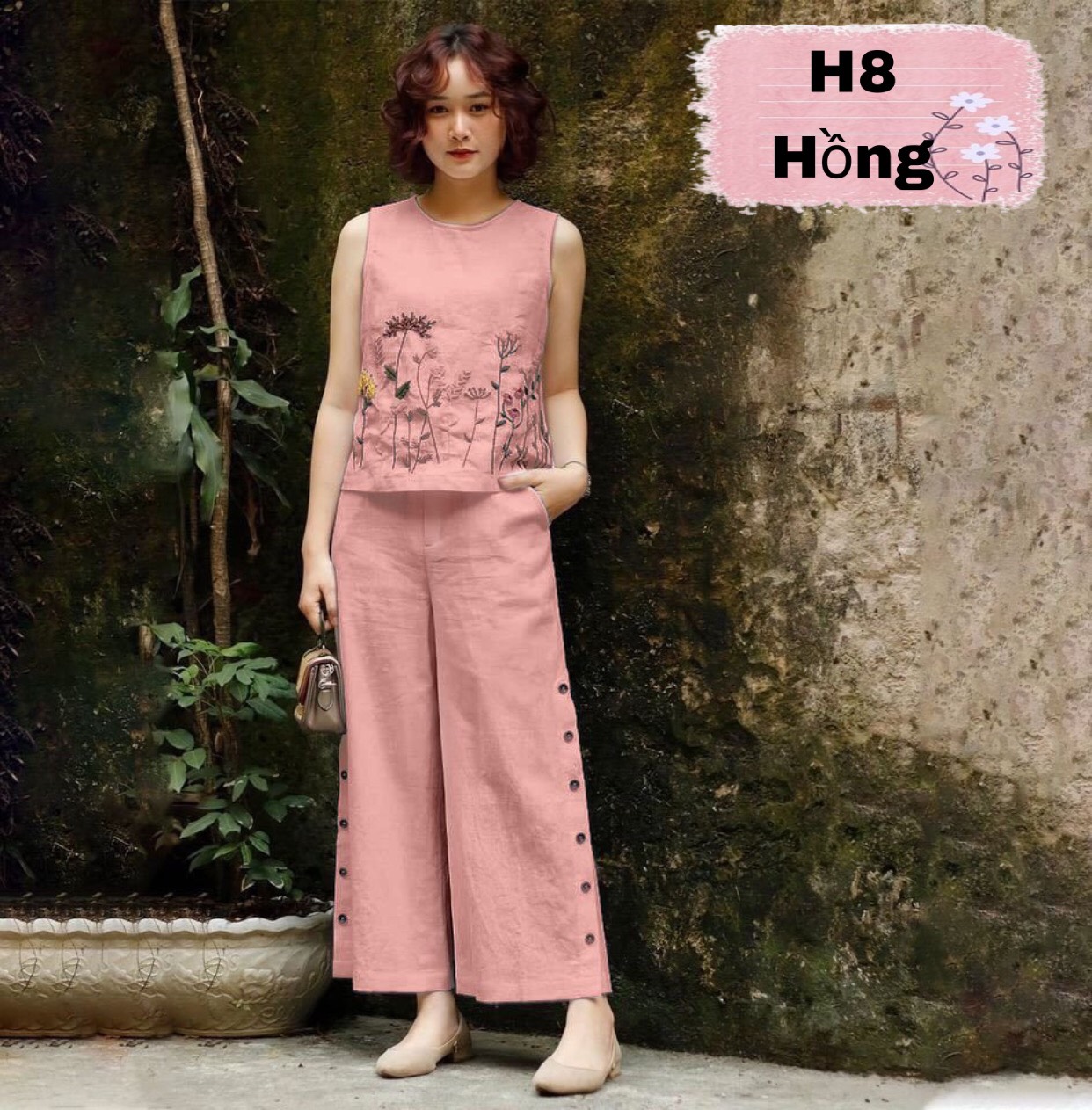 Đồ bộ đũi nữ quần ống rộng áo thêu hoa chất đũi cao cấp mã h8
