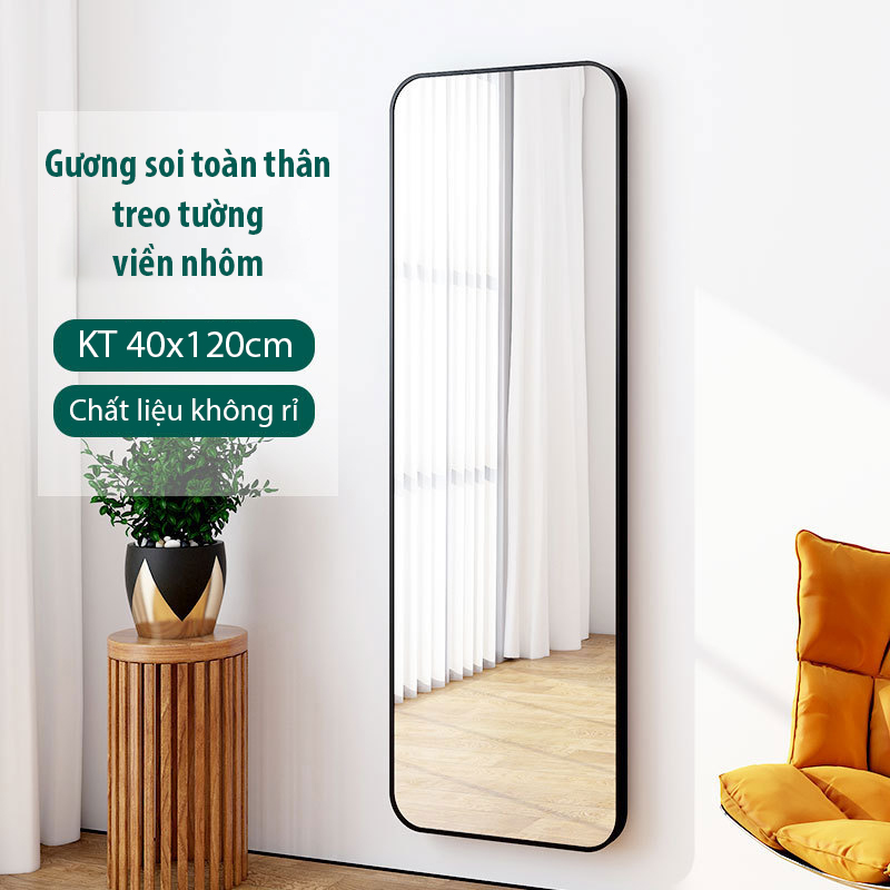 Gương soi toàn thân treo tường viền nhôm không rỉ hình chữ nhật bo cạnh kích thước 40x120cm
