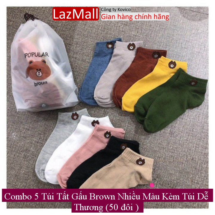 Combo 5 túi tất gấu brown nhiều màu kèm túi dễ thương
