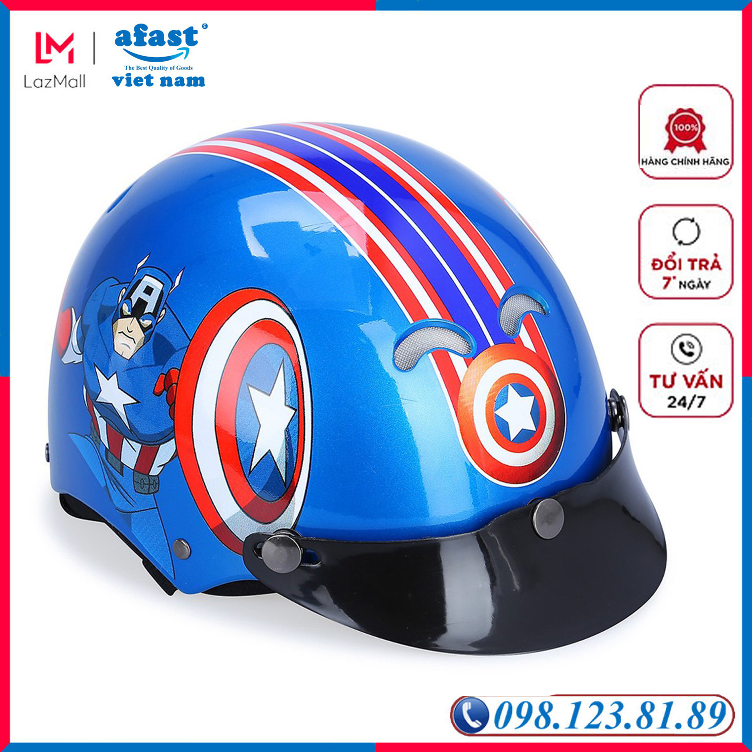 Mũ Bảo Hiểm Trẻ Em Nửa Đầu Không Kính Protec Họa Tiết Đội Trưởng Mỹ Captain American Màu Xanh Bắt Mắt, Sinh Động. An Toàn, Chính Hãng - AFAST VIỆT NAM