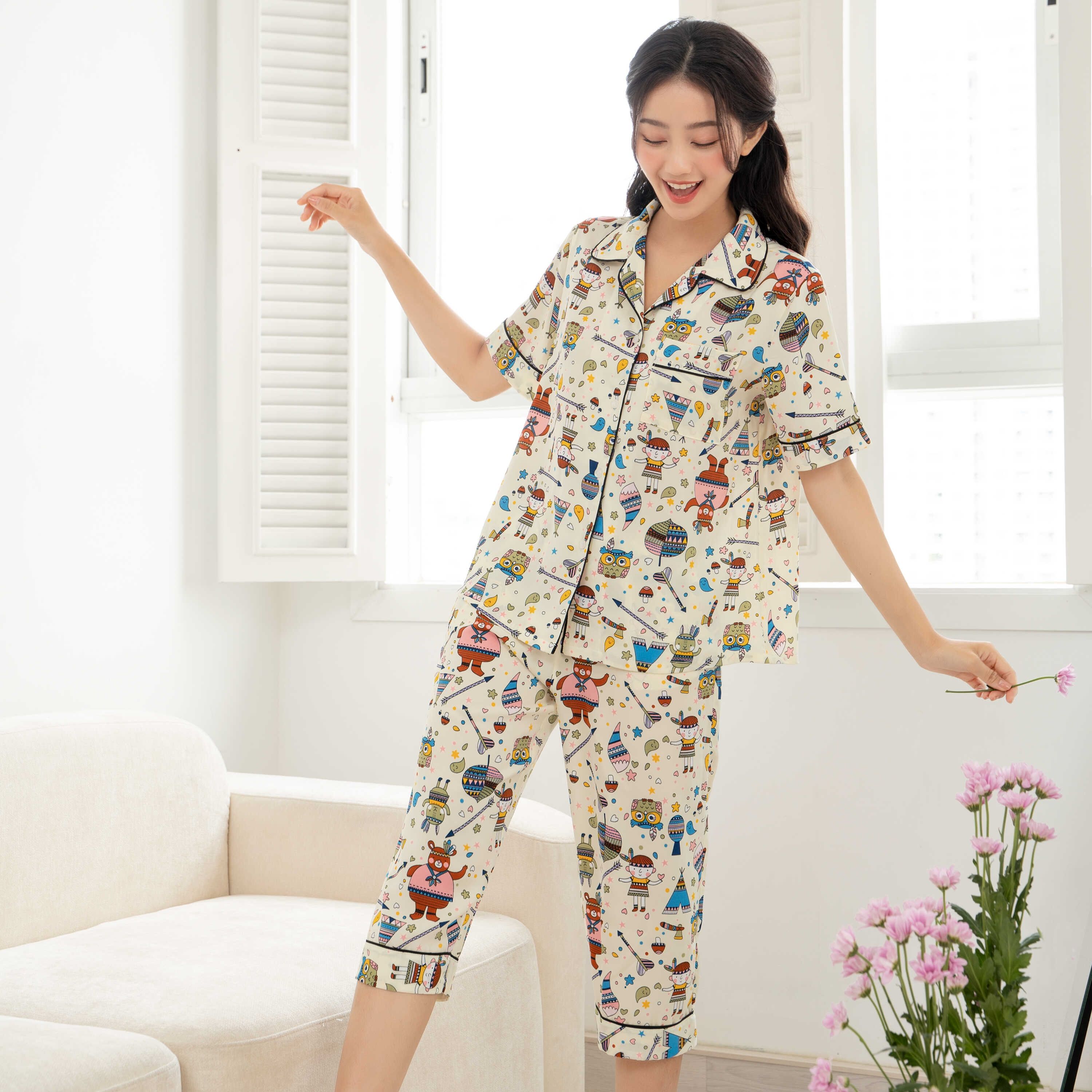 Vibes bộ pijama lửng mặc nhà owl cream capri py set