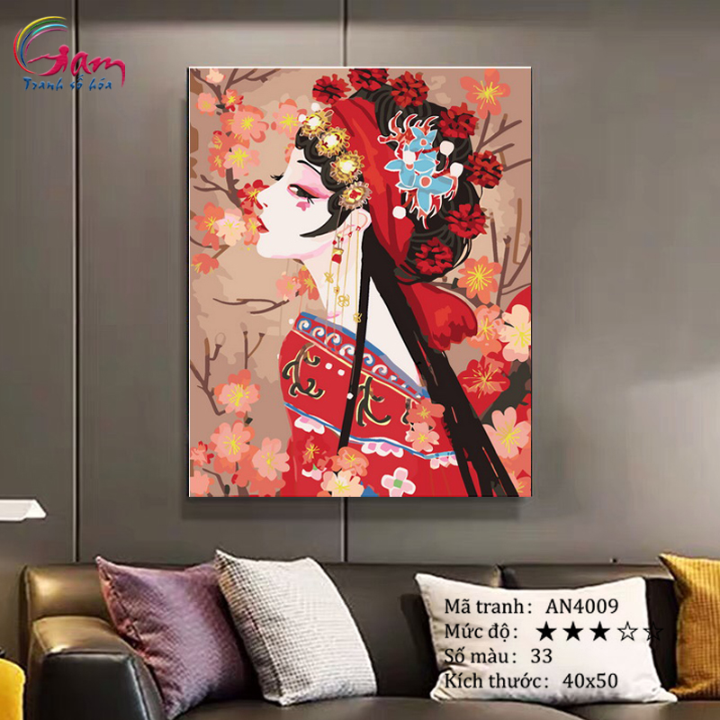 Tranh tự tô màu theo số sơn dầu số hóa Gam Cô gái cổ trang trung hoa Kinh kịch AN4009