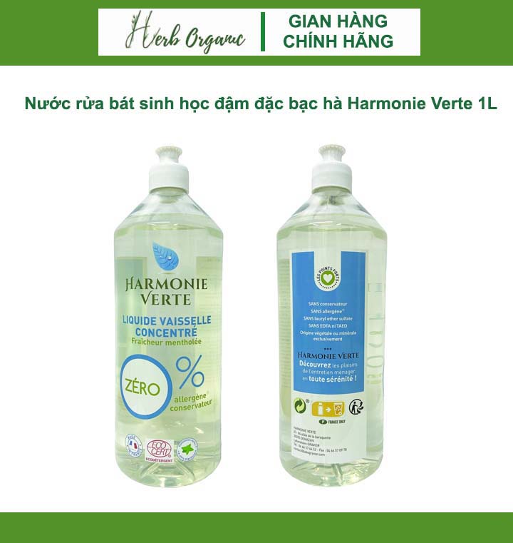 Nước rửa bát sinh học đậm đặc bạc hà Harmonie Verte 1L