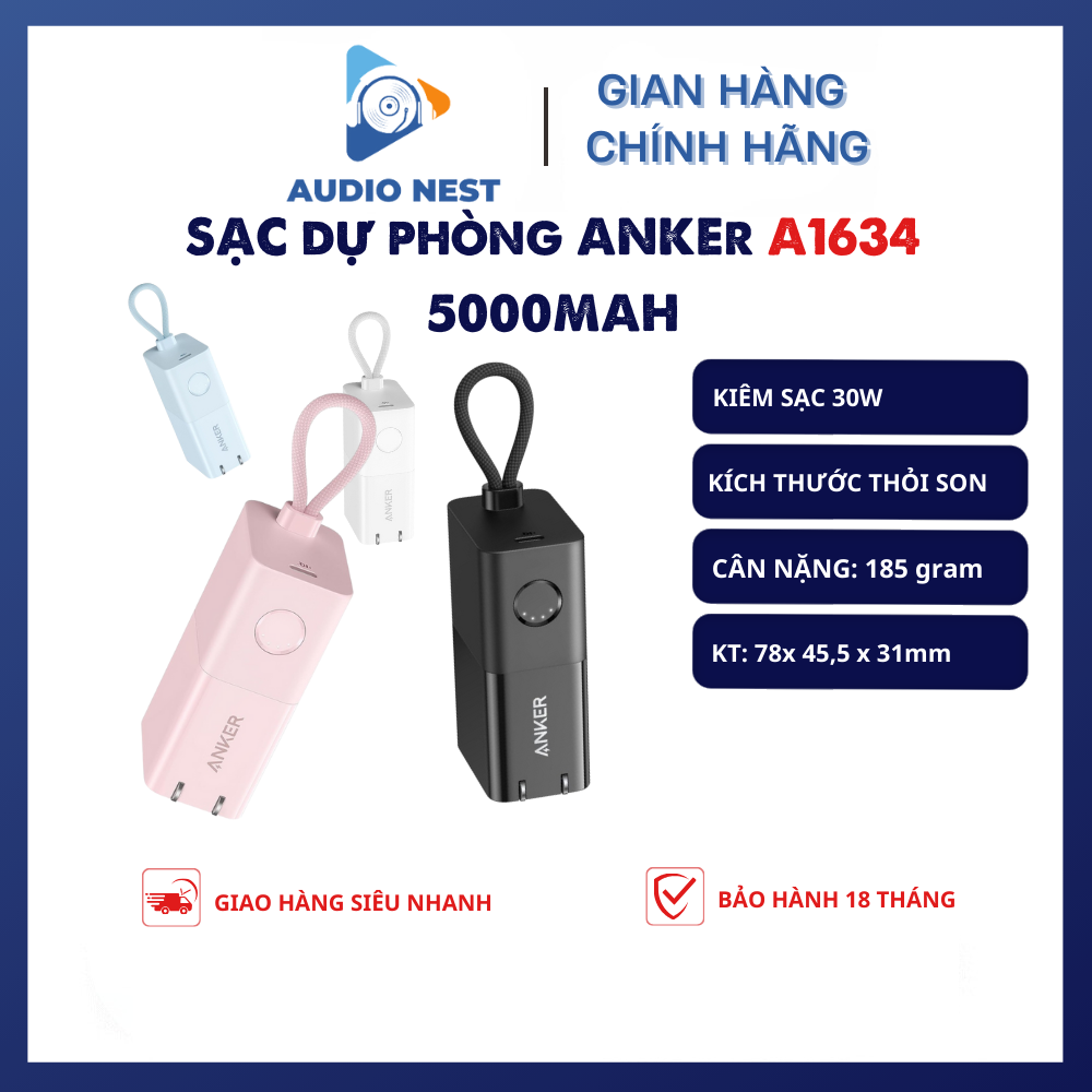  Pin Sạc Dự Phòng Anker A1634 Kích Thước Siêu nhỏ Kiêm củ sạc nhanh 5000mAh 30W - Bảo hành 18 tháng 