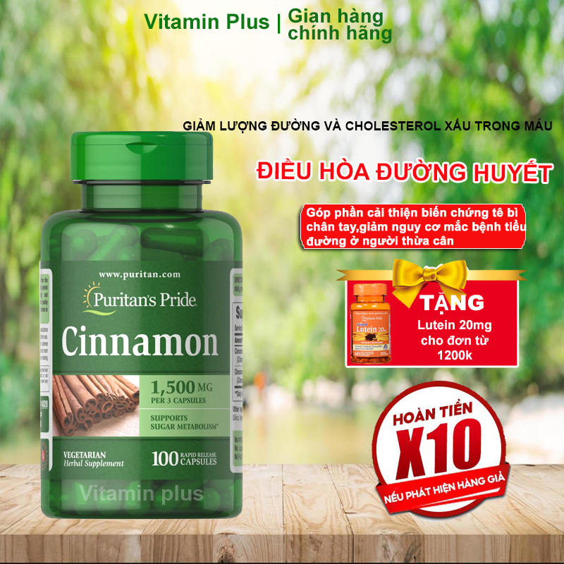 Viên uống giảm lượng đường trong máu, hỗ trợ giảm các biến chứng ở người tiểu đường cinamon Puritan's Pride 100 viên