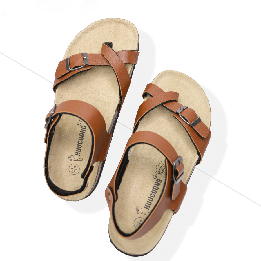 Giày Sandal đế trấu unisex xỏ ngón da pu nâu