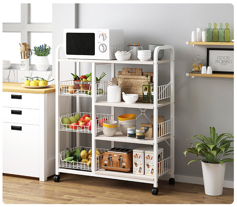 Kệ để lò vi sóng di động 4 tầng kèm giỏ và bánh xe