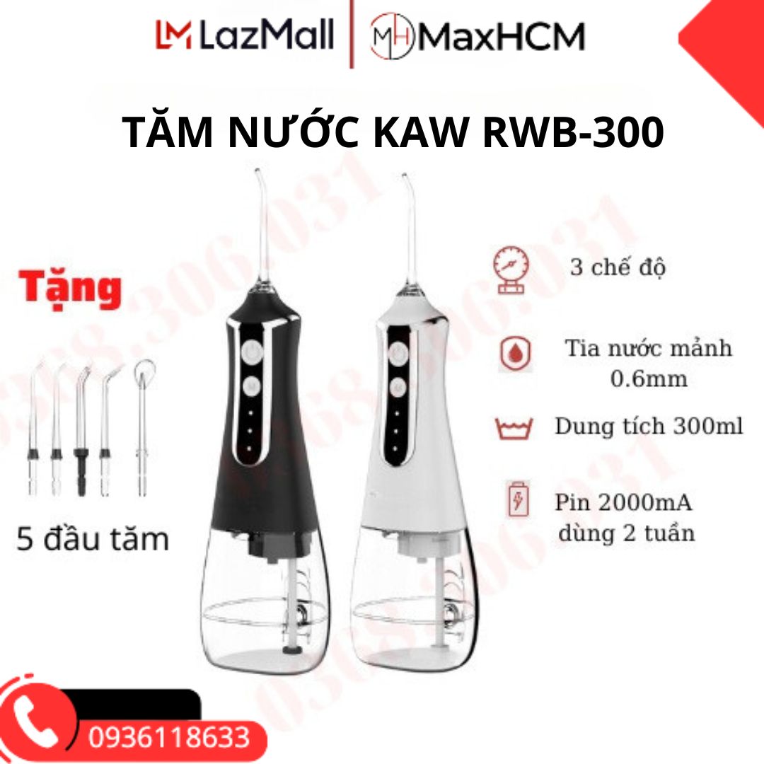 Tăm nước cầm tay KAW RWF150 - Dụng Cụ Như Nha Sỹ, Máy làm trắng răng 3 chế độ vệ sinh mạnh 4 đầu phun thích hợp cho người niềng răng, chăm sóc sức khoẻ răng miệng - Hàng Chính Hãng