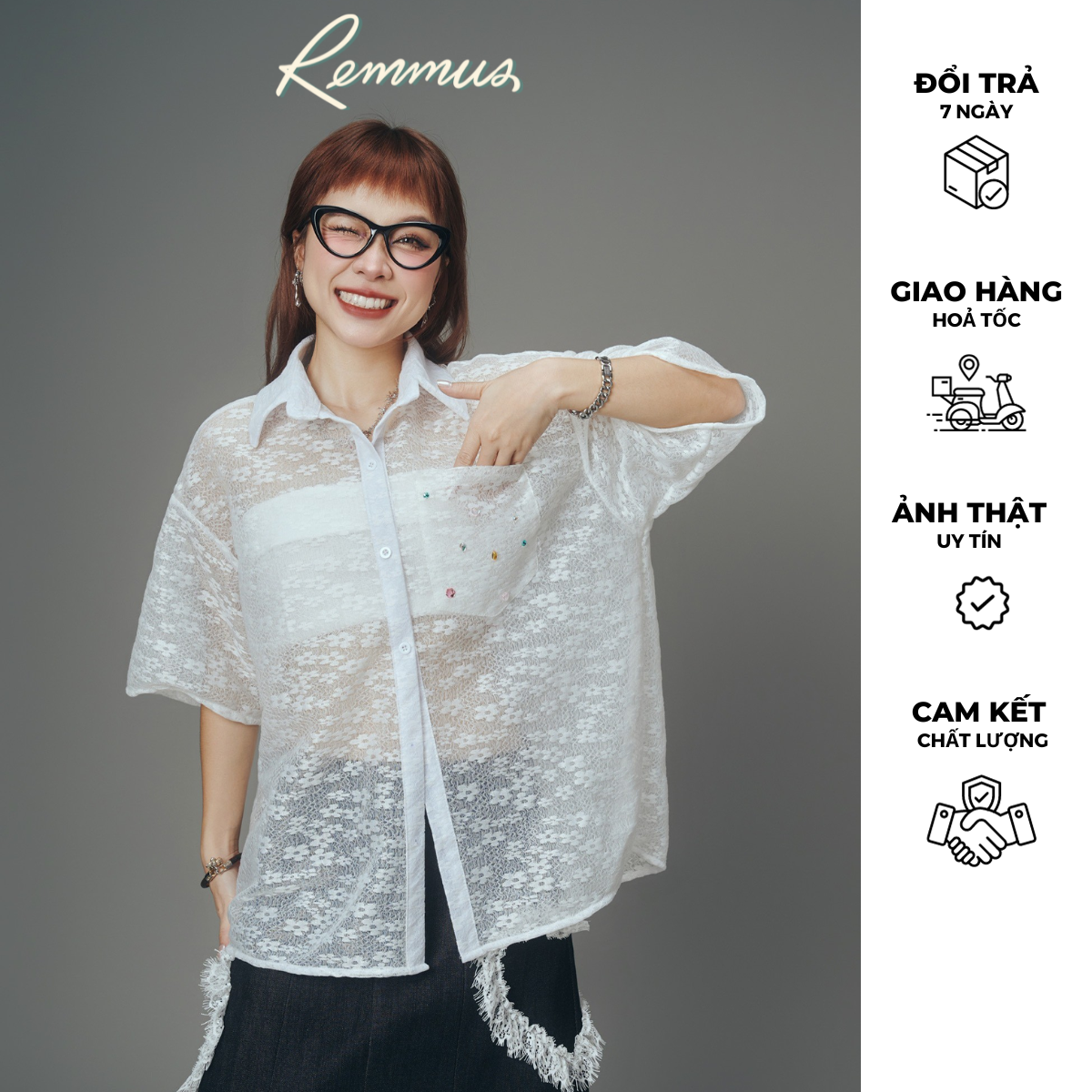 Áo sơ mi hoa xuyên thấu bling bling Remmus dành cho nữ